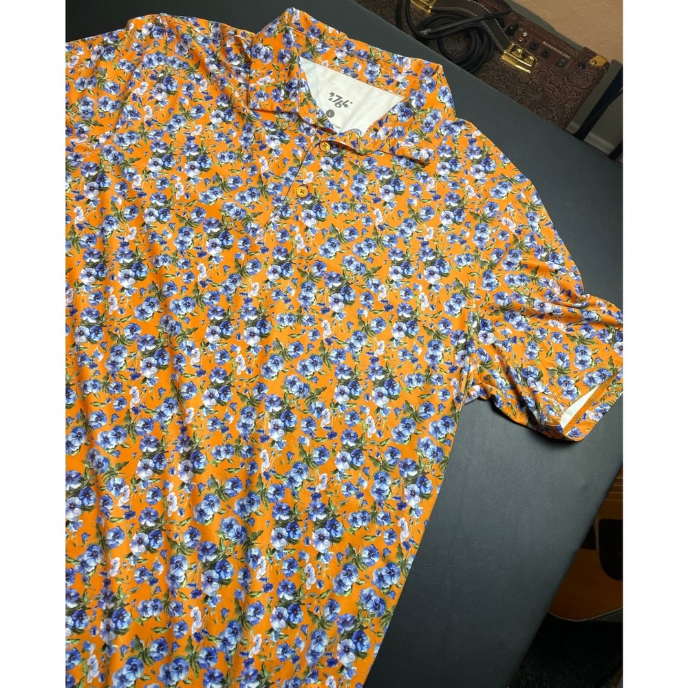 1764 Golf Polo Shirt Mens Large Orange Floral Performance Stretch Excellent